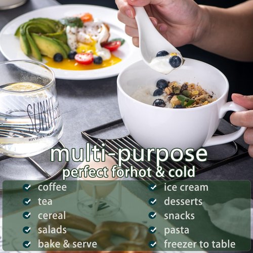 Chulan Extra Large White Bone China Cereal Mugs, 22 oz Ceramic Coffee Mug Set of 6, Latte Mugs Mocha Tea Cup, Jumbo Porcelain Soup Mugs with Big Handle for Desserts Snack, Microwave ＆ Dishwasher Safe