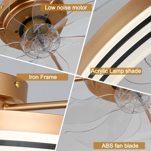 Jenvkoil 20inch Ceiling Fans Lights, Flush Mount Modern Ceiling Fan and Remote Control, 6 Wind Speeds App Control Low Profile Ceiling Fan for Bedroom Living Room 60W (Gold)