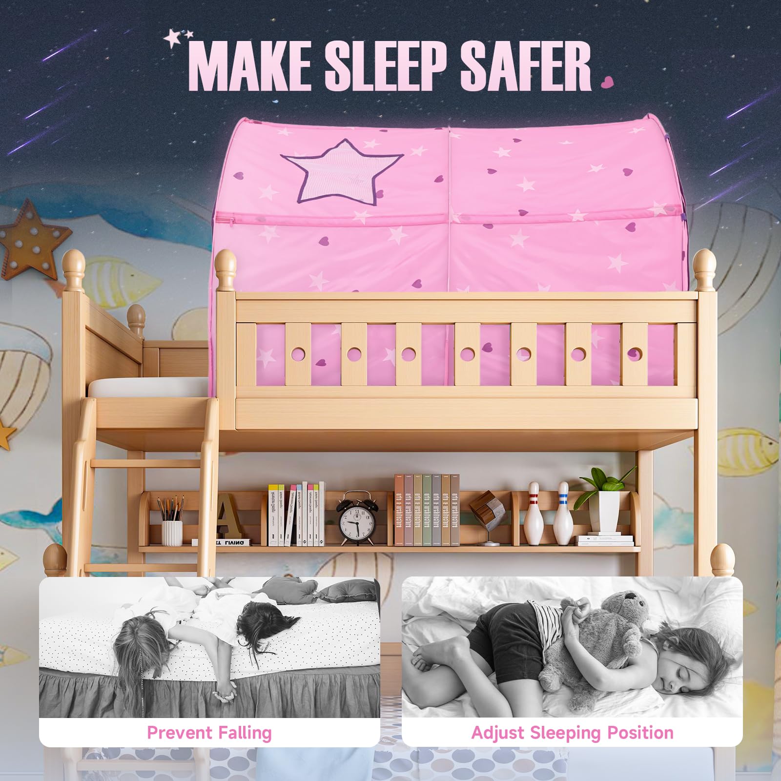 Alvantor® Starlight Bed Canopy Dream Play Tents Playhouse Privacy Space Twin Sleeping Indoor Stars Boys Girls Pop Up Portable Frame Curtains Pink, Patent Pending