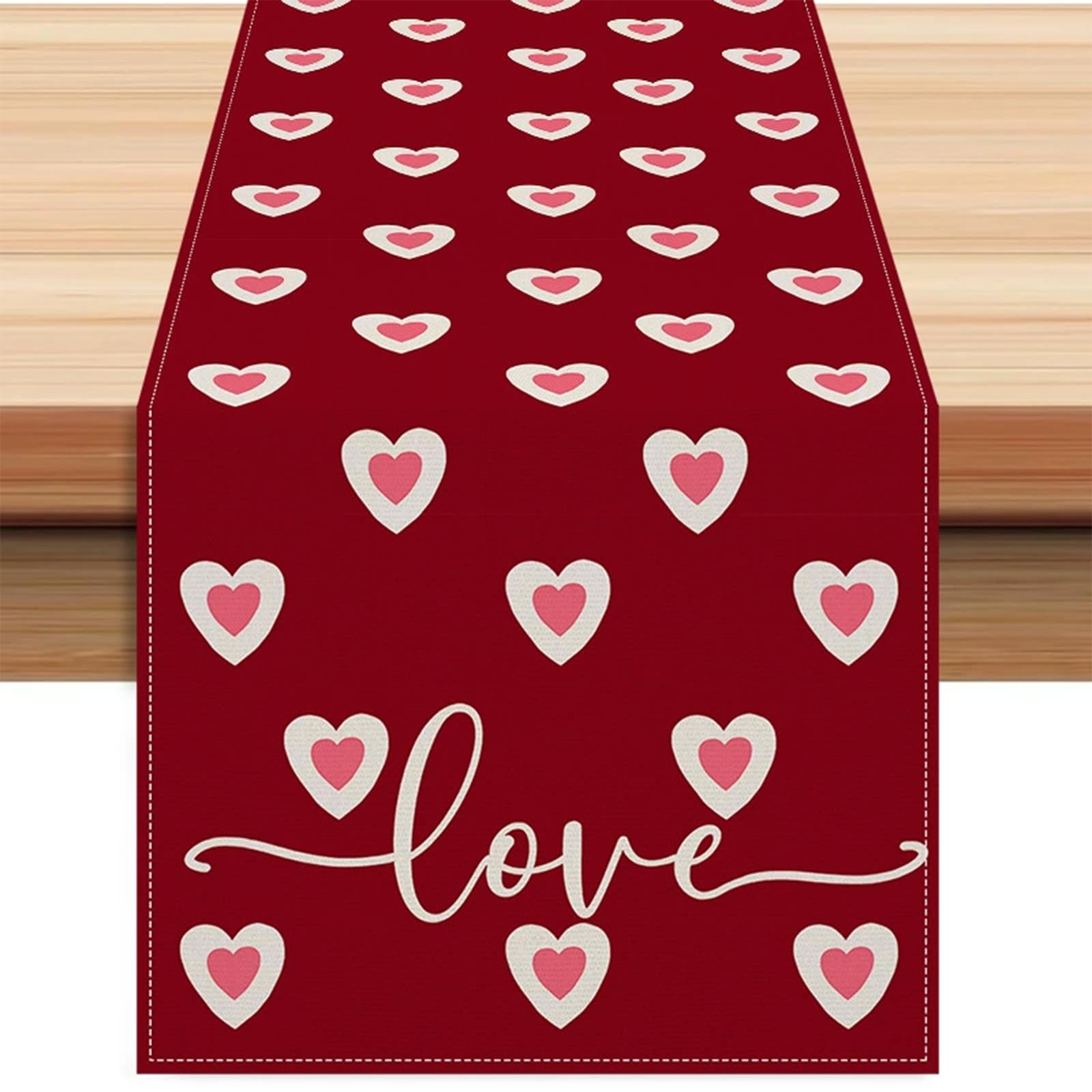 Valentine's Day Table Runner Linen Red Love Heart Table Runner Love Cloth Dresser Scarves for Valentines Holiday Home Kitchen Dining Style Table Decoration (13*72 Inch)