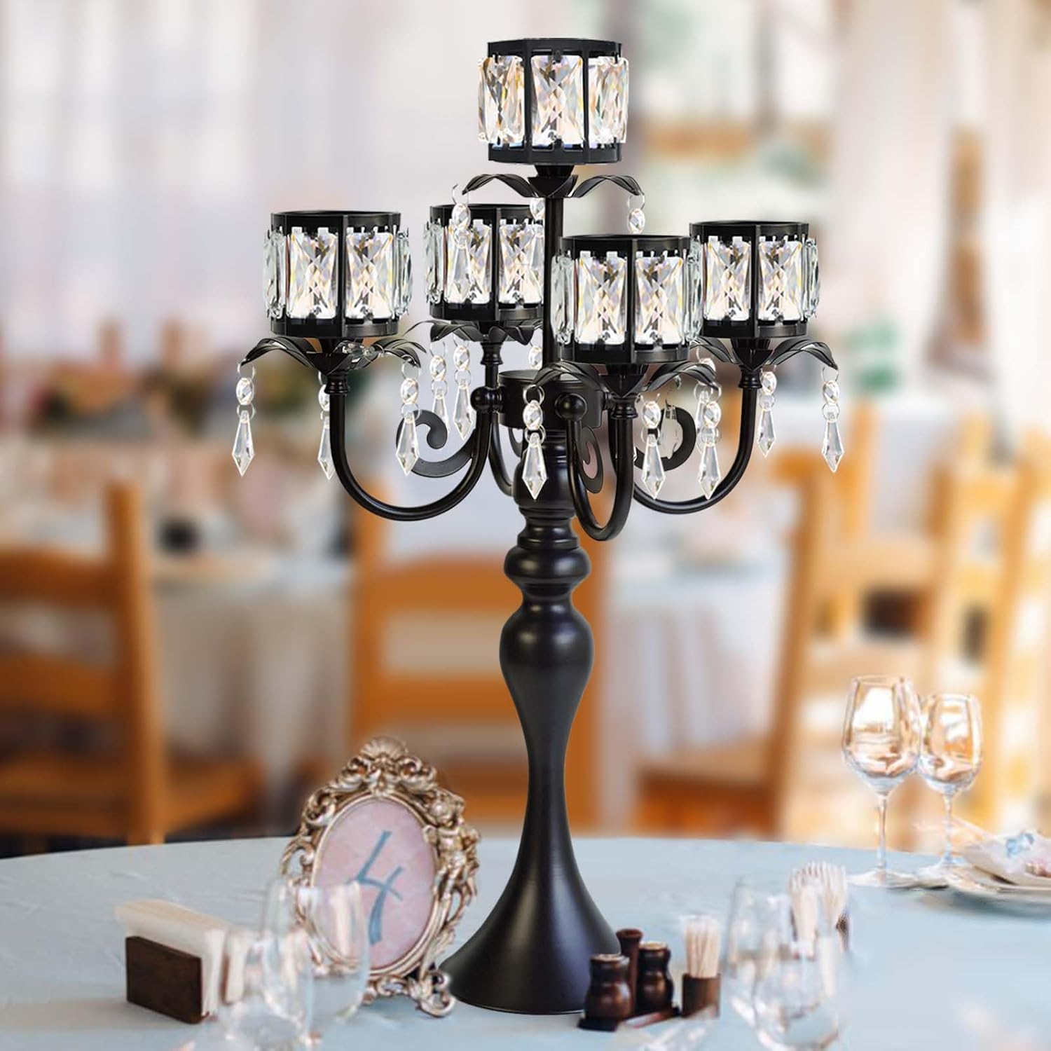 Skiennix 5-Arm Crystal Pendant Candle Holder - Elegant 22-Inch Tall Wedding Centerpiece | Black Finish