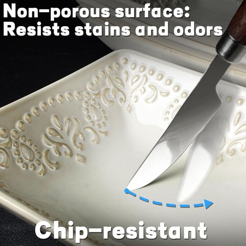Artena Ceramic Rectangle Plates Set of 4 - Deep Lipped Edges for Appetizers & Desserts | Microwave & Oven Safe (Damask Floral)