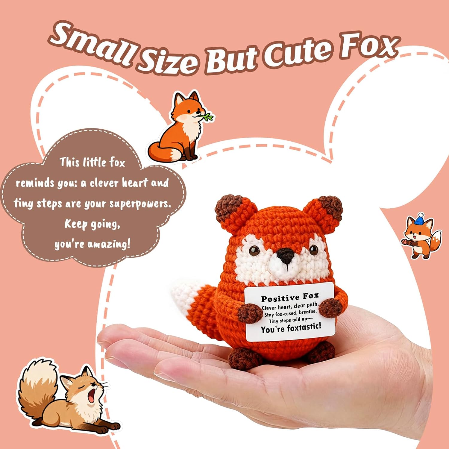 Positive Focus Mini Crochet Fox Plush | Kawaii Desk Decor with Pun Card for Year-Round Gifts