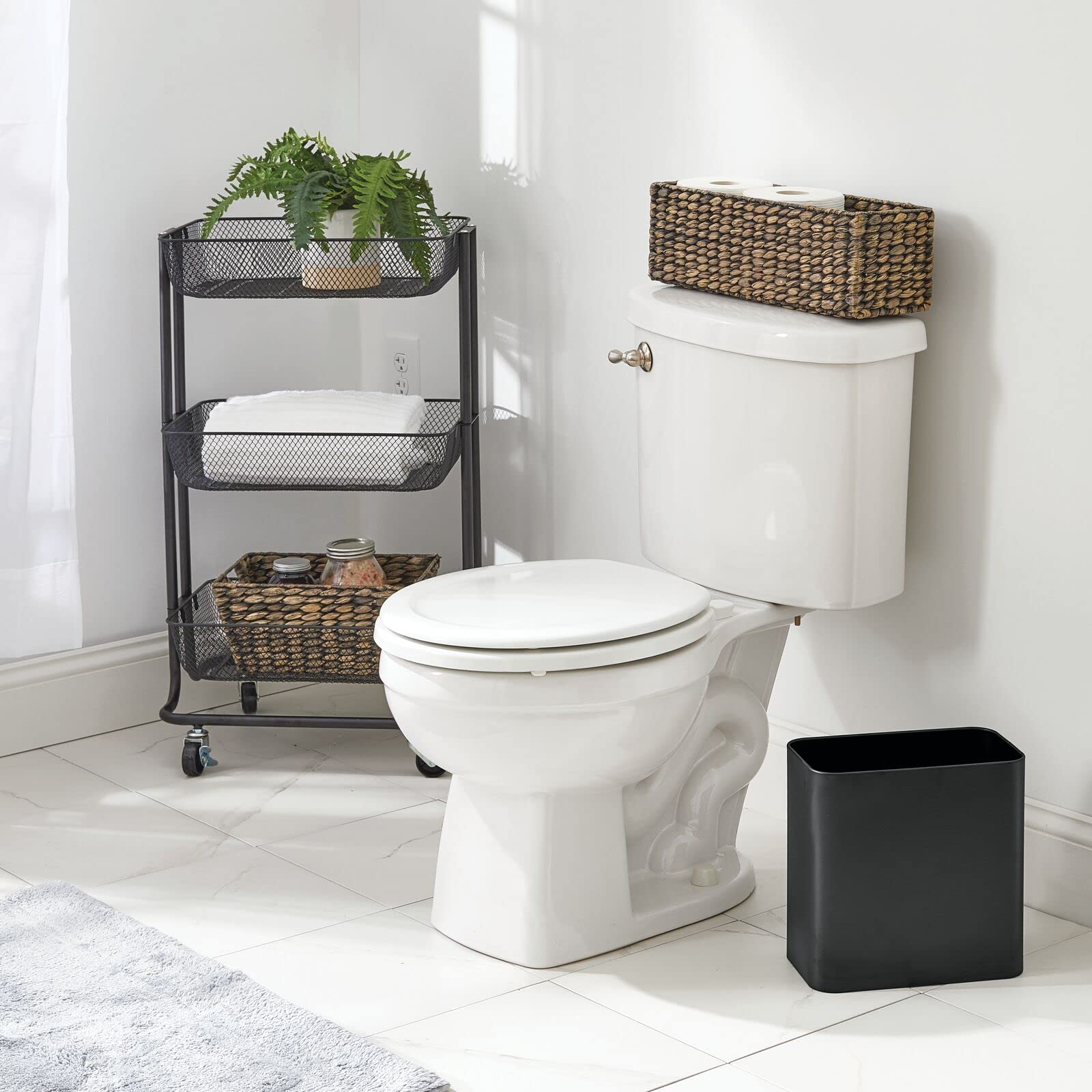 mDesign Small Metal 2.4 Gallon/9 Liter Trash Can Wastebasket Garbage Bin for Bathroom, Slim Rubbish Waste Bin Trashcans - Mirri Collection - Black