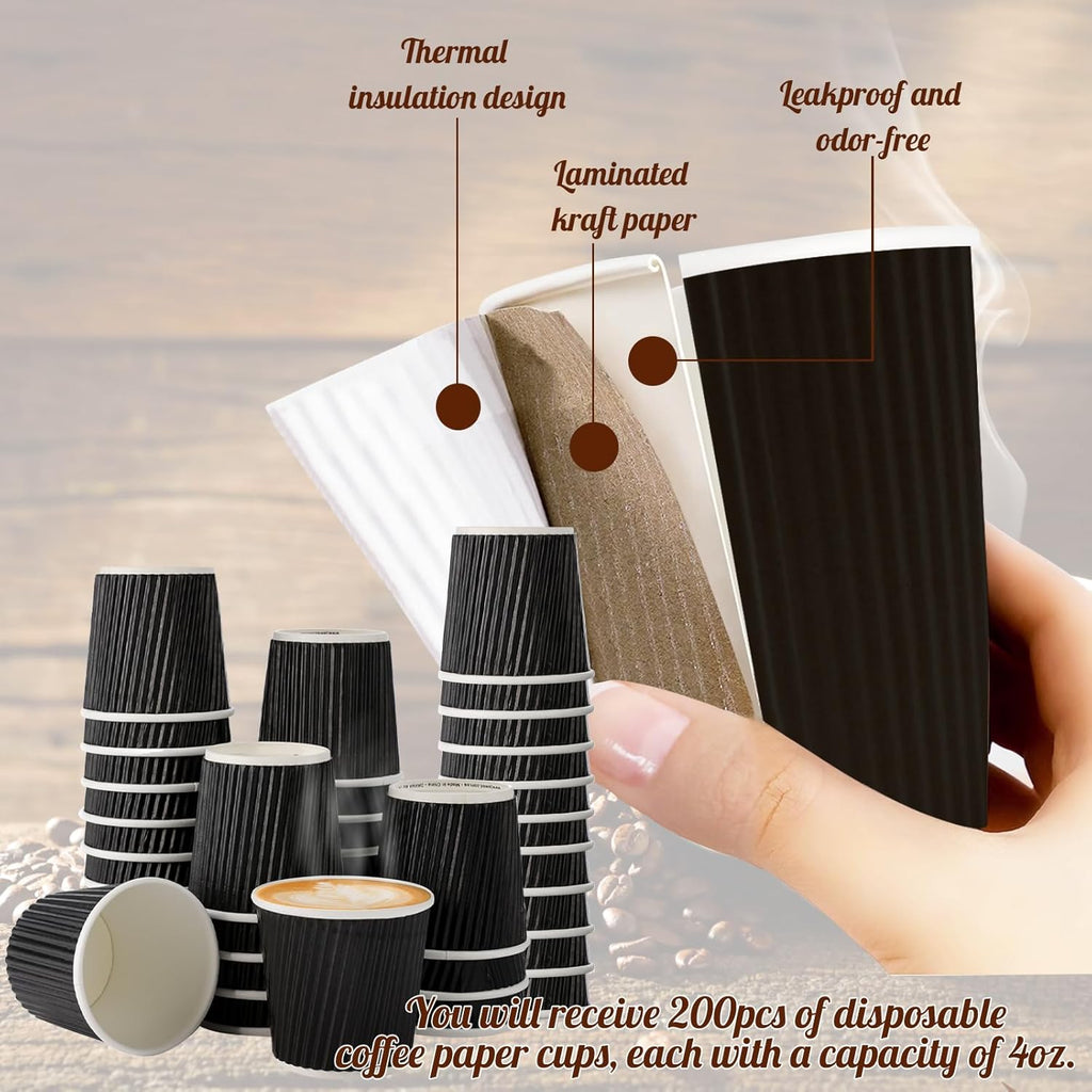 Skiennix 4oz Paper Espresso Cups - Ripple Wall Design for Hot & Cold Drinks | 200 Pcs, Black