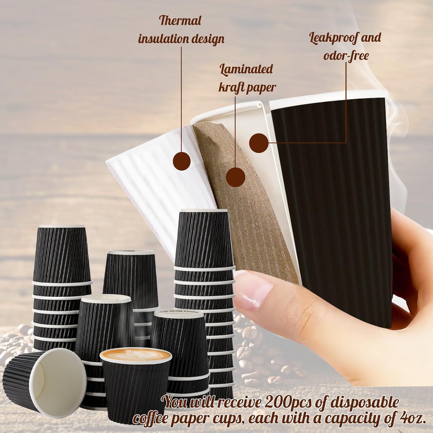 Skiennix 4oz Paper Espresso Cups - Ripple Wall Design for Hot & Cold Drinks | 200 Pcs, Black