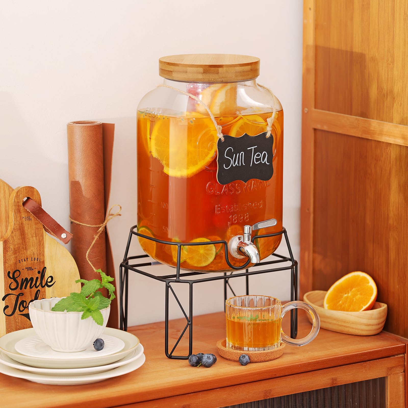 2 Gallon Drink Dispensers with Stand, Glass Beverage Dispenser with Stainless Steel Spigot and Bamboo Lid,Lemonade Dispenser,Glass Drink Dispensers for Parties, Weddings