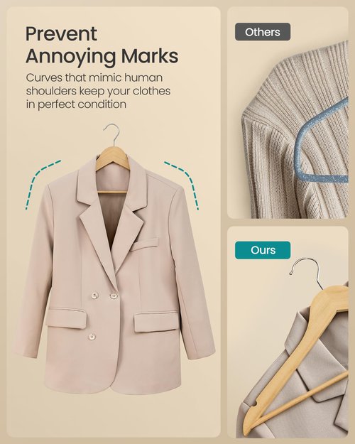 SONGMICS Wooden Hangers, Pack of 30, Coat Hangers, Pants Bar, 360° Swivel Hooks, Solid Birch Wood, Space Saving, for Jackets, Shirts, Coats, Natural Beige UCRW030K01