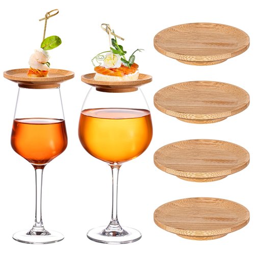 Tessco 4 Pcs 4" Wine Glass Charcuterie Topper Bamboo Round Wine Glass Charcuterie Board Dual Use Cups Topper Appetizer Plates for Christmas Party Family Gatherings Bars Restaurants