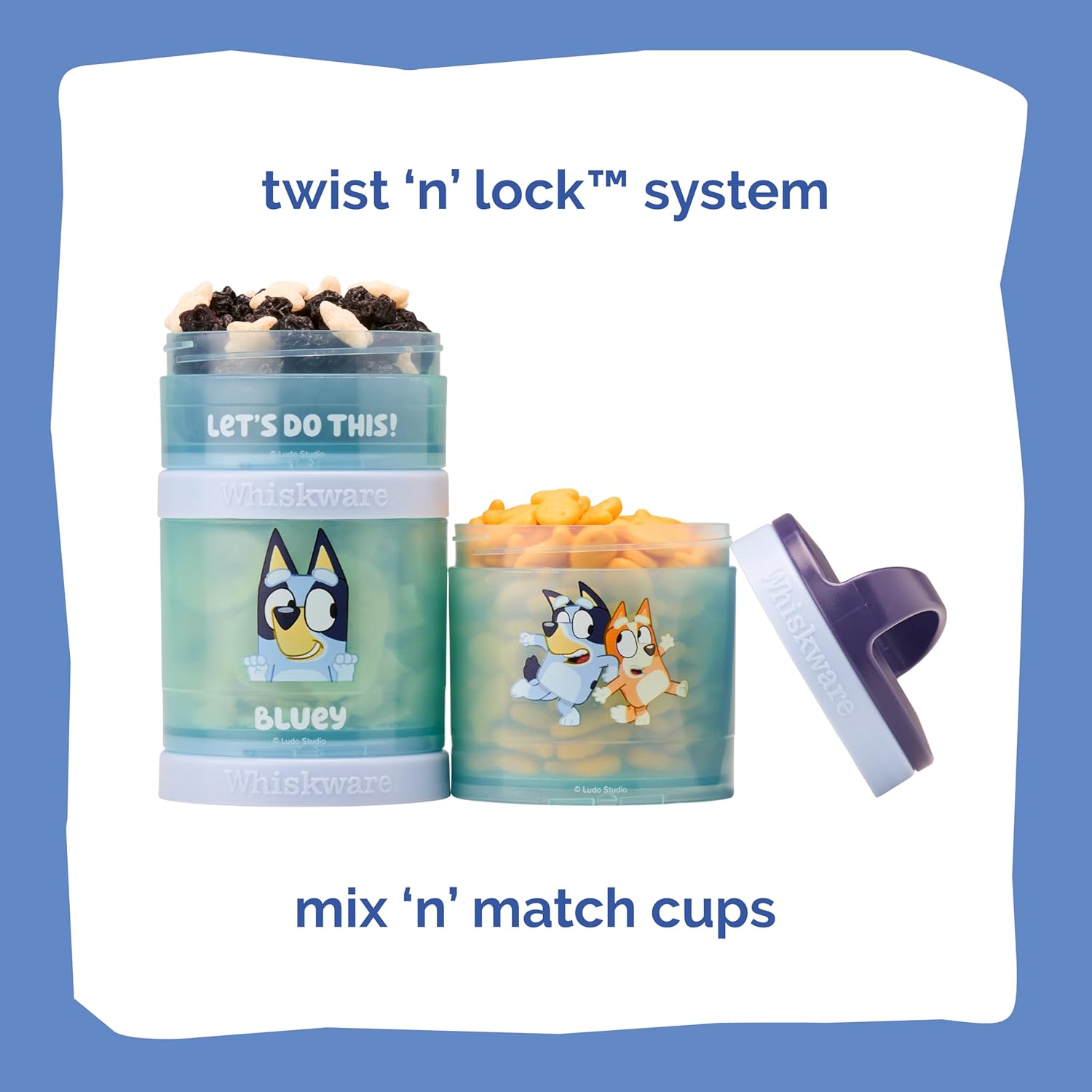 Whiskware Stackable Snack Containers - 3 Cup Set for Kids | Cupholder Friendly, Bluey Design