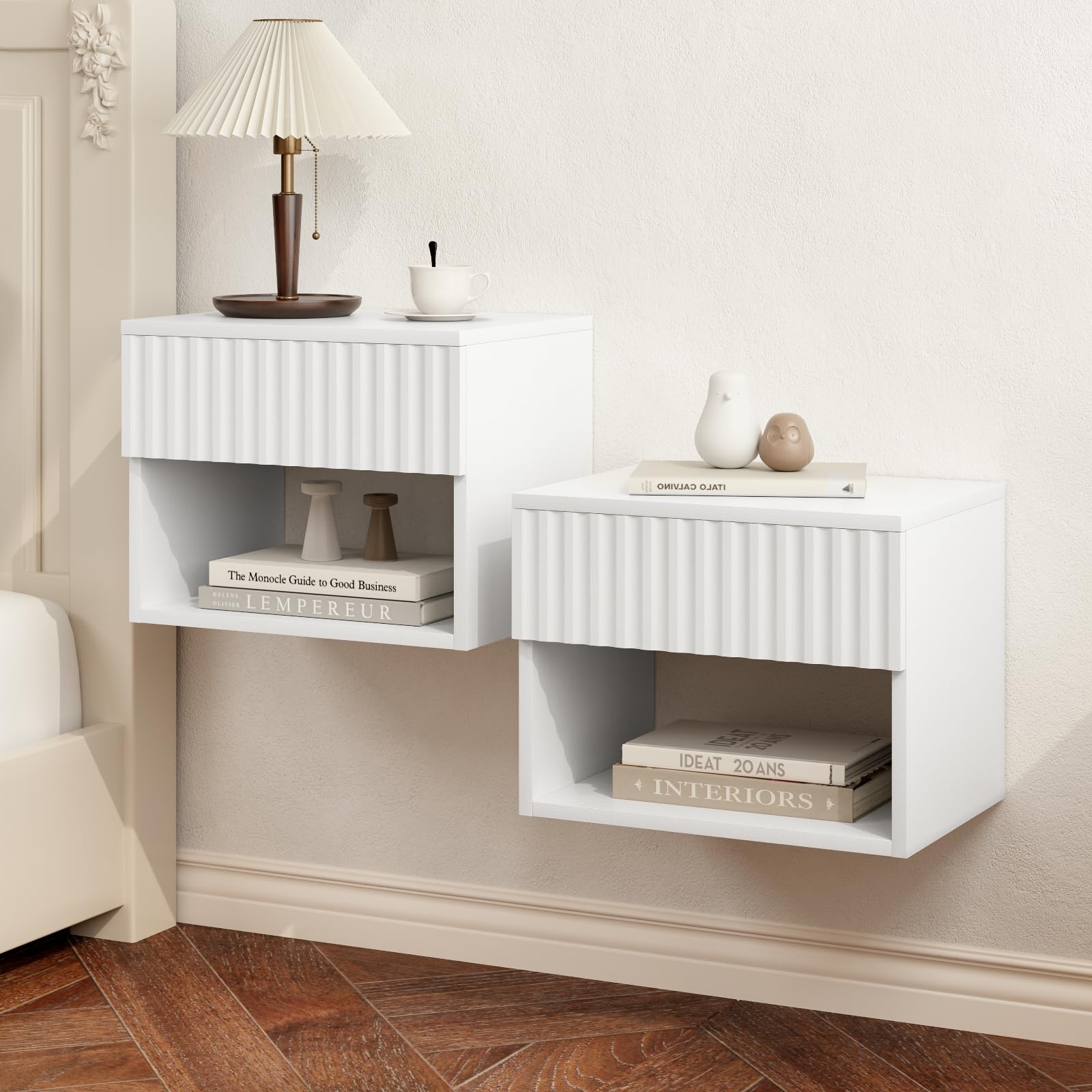 AURINEST Floating Nightstand Set of 2, Modern Wall Mounted Bedside Tables with Fluted Drawer, Night Stand Small End Table with Open Storage Shelf for Bedroom, Living Room, Small Spaces, White