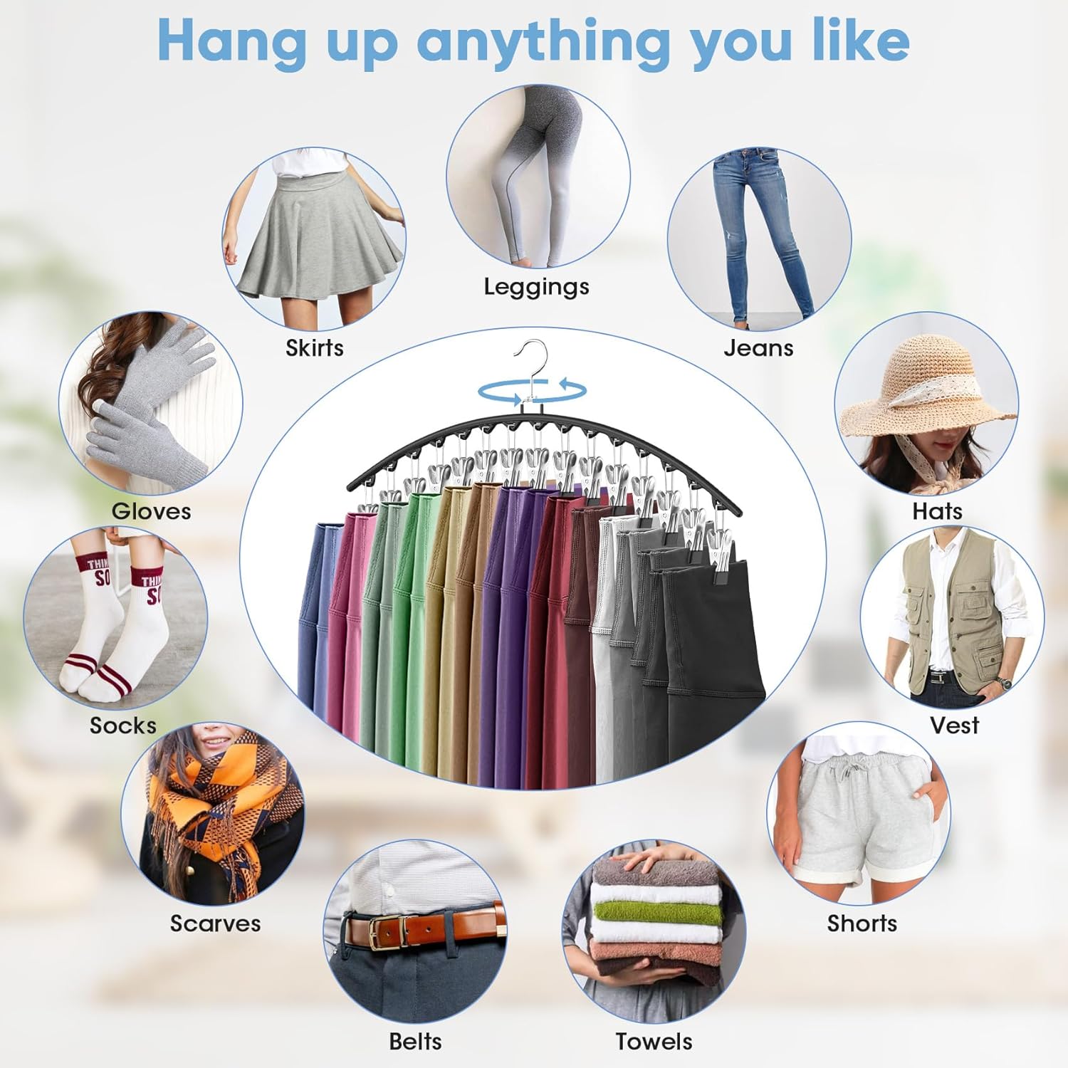 Skiennix Legging Organizer - Space-Saving Closet Hangers for 45 Leggings, Shorts & Skirts | Black
