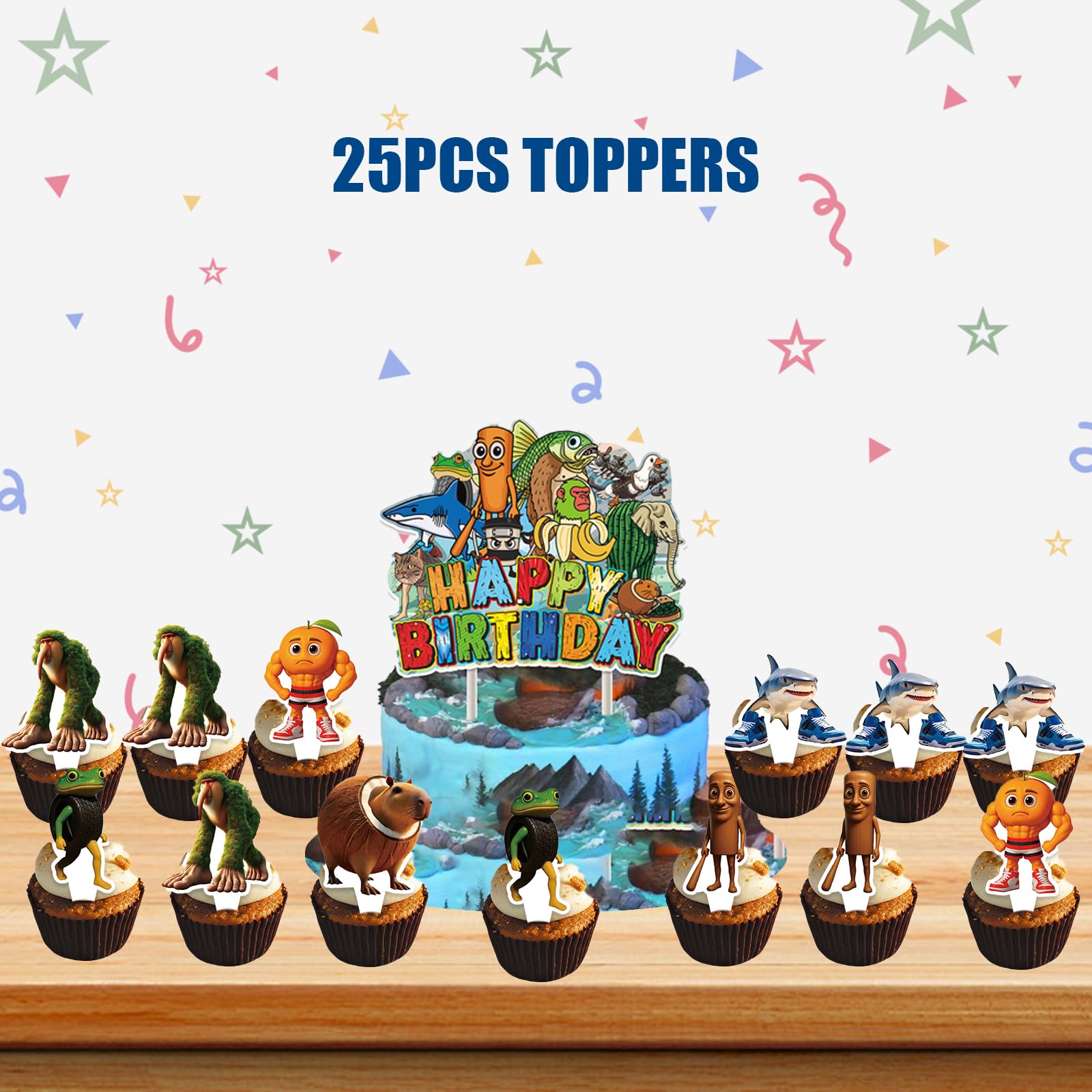 25PCS Italian Brainrot Cupcake Toppers,Tralalero Tralala Shark Cake Toppers Set Happy Birthday Decorations,Brain Rot Party Decor Animal Theme for Kids