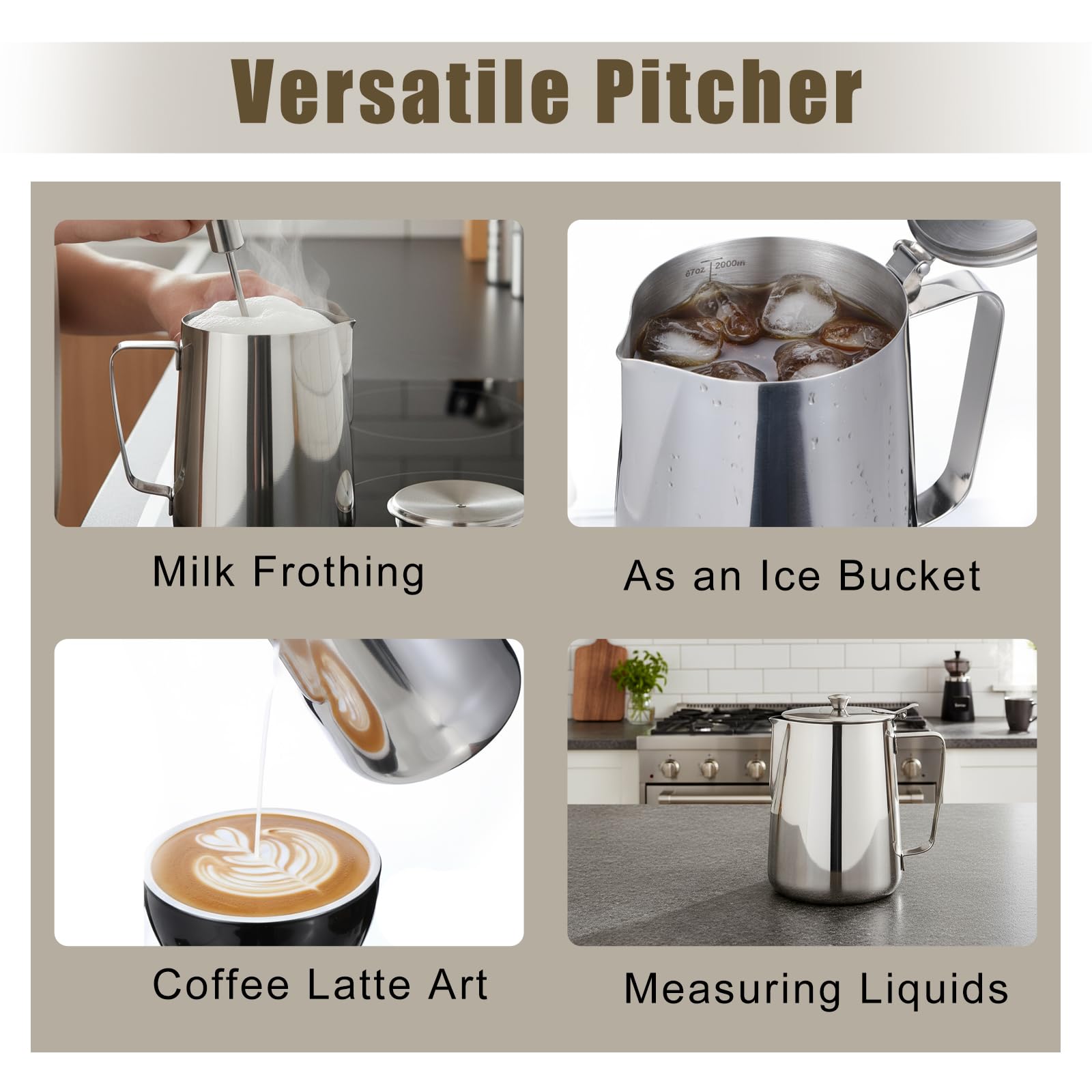 67 oz 304 Stainless Steel Pitcher with Lid, 2 L Large Mouth Graduated Beakers, Large Metal Measuring Cup with Handle, Milk Frothing Jug for Latte Art, Espresso Machines, Iced Tea