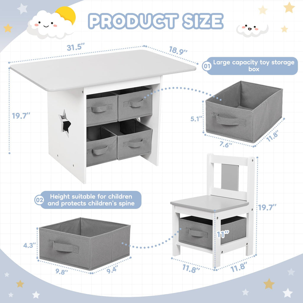 Vilaxing Kids Table and Chair Set (2 Chairs Included), Wooden Toddler Desk Group with 6 Storage Bins Boxes, Children's Furniture, Water Resistant (Gray)
