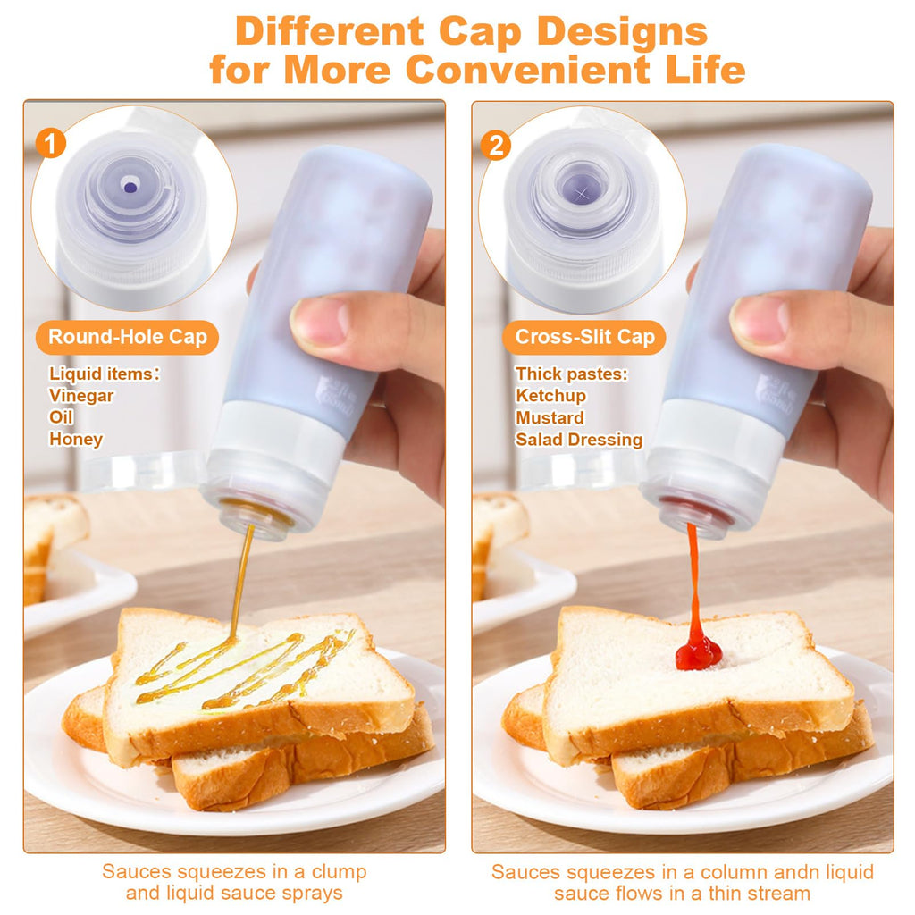 Seropy Condiment Squeeze Bottles for Sauces, Salad Dressing Container to Go, Small Silicone Squeeze Bottles, Condiment Containers Dispenser for Ketchup Hot Sauce, Purple/Beige/Blue/Gray 3 Oz