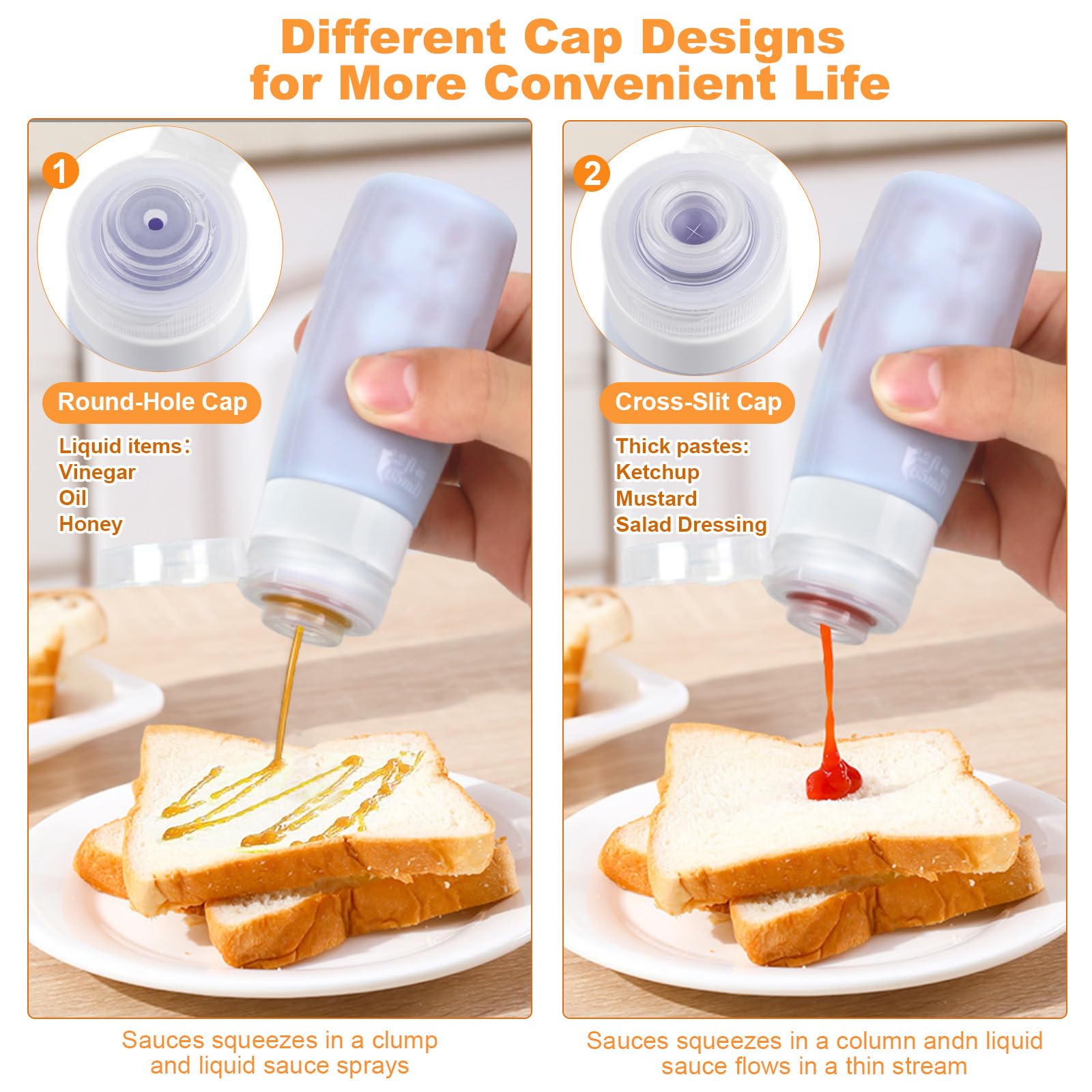 Seropy Condiment Squeeze Bottles for Sauces, Salad Dressing Container to Go, Small Silicone Squeeze Bottles, Condiment Containers Dispenser for Ketchup Hot Sauce, Purple/Beige/Blue/Gray 3 Oz
