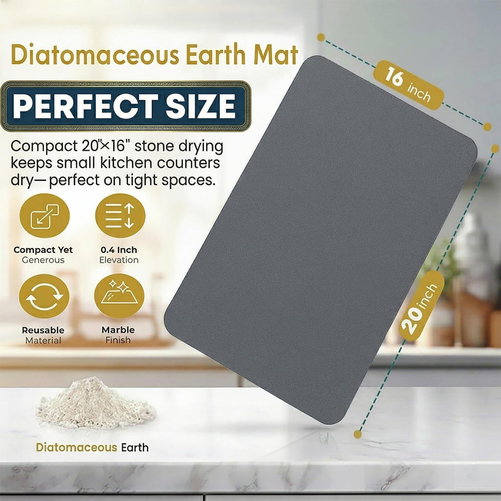 Stone Drying Mat for Kitchen Counter with 5 Wooden Feet, 19.7"×14.7" Diatomaceous Earth Dish Drying Mat, Elevated Drying Stone Mat for Modern Kitchen Countertop (Dark Gray, Standard-Solid)