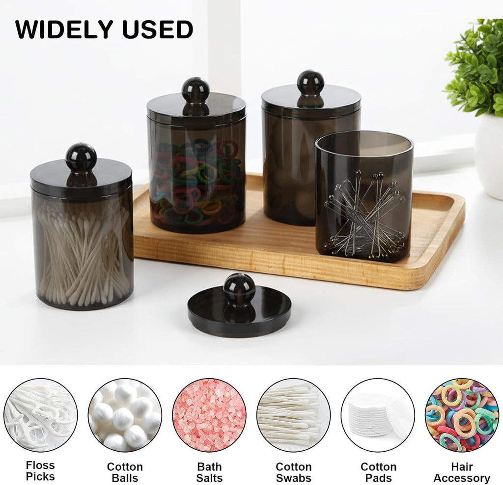 WEISHI Qtip Holder Dispenser - 4 Pack Small Plastic Apothecary Jars for Bathroom Storage | Black