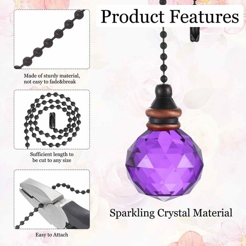 MECCANIXITY 2Pack Ceiling Fan Pull Chain, 12 Inch Decorative Ornaments Crystal Pendant Pull Chain Extension for Ceiling Fans Light Lamp, Purple