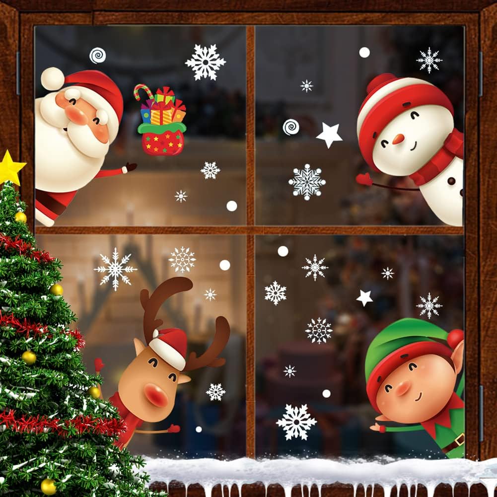XIMISHOP Christmas Snowflake Window Clings - 82PCS Indoor Holiday Decals for Glass | Santa & Reindeer Designs
