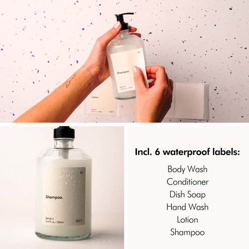 KIVY Glass Soap Dispenser Set [INCL. Waterproof Labels] - Glass Soap Dispenser with Pump - Hand Soap and Dish Soap Set - for Kitchen, Shower & Bathroom - Refillable (2X 16oz)
