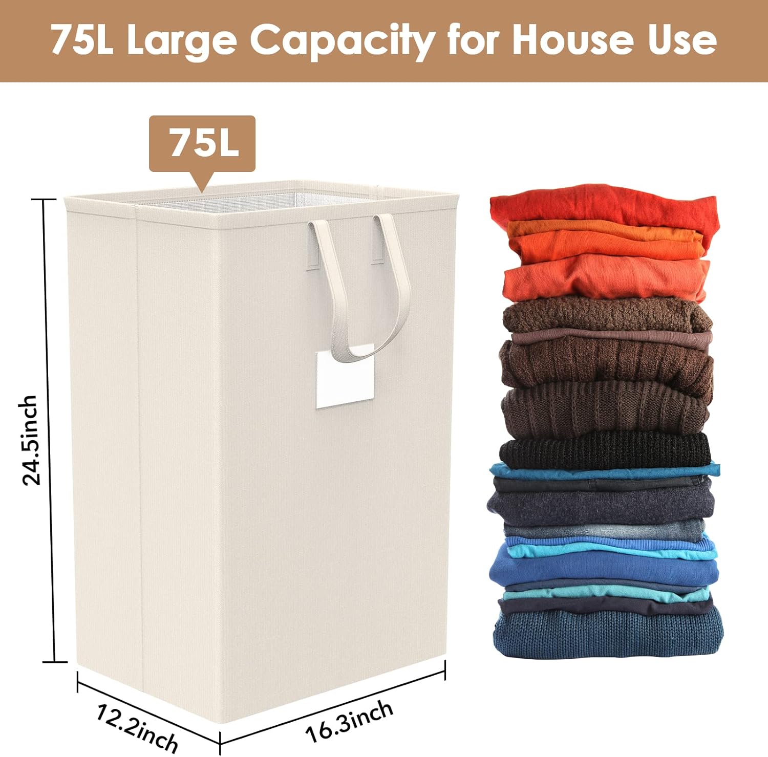 Skiennix 75L Large Laundry Hamper - Waterproof & Freestanding Design | Ivory Color for Bedroom & Bathroom
