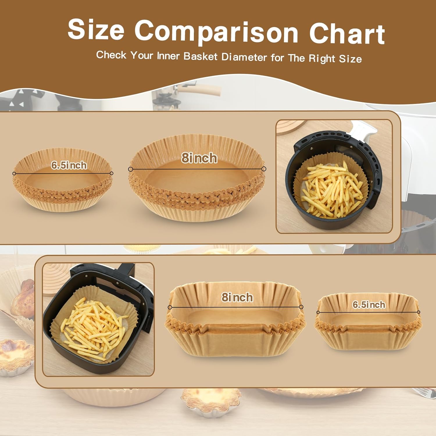 Air Fryer Liners | 100PCS Non-Stick Parchment Paper for 3-5QT Air Fryers - Easy Cleanup (Square, 6.5IN)