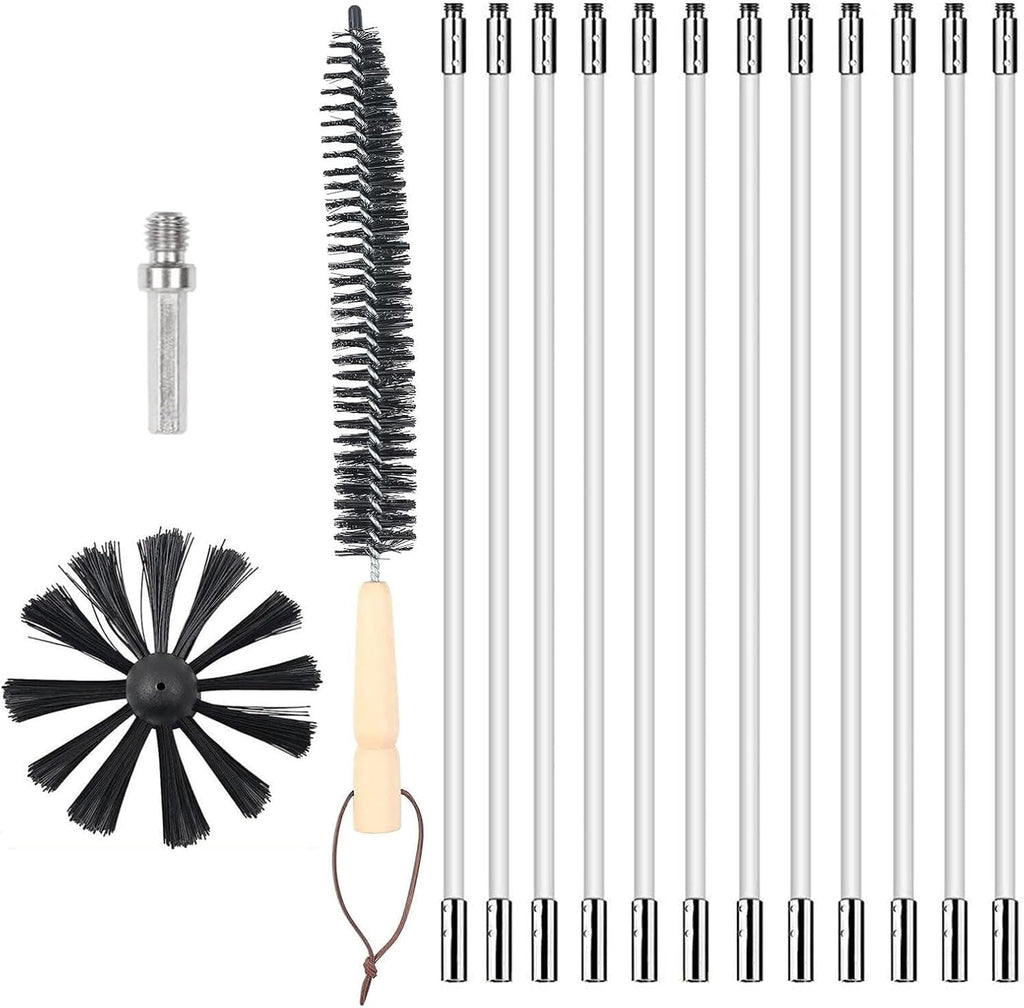 ZDHQLHJ Chimney Brush Cleaning Kit - 15-Piece Set with 12 Flexible Nylon Rods for Efficient Hearth & Ventilation Cleaning