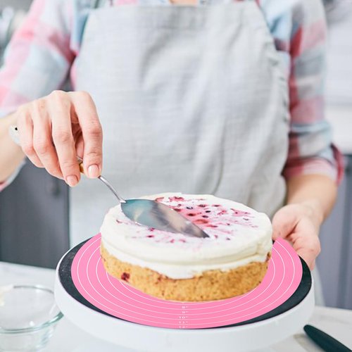 2Pcs Silicone Cake Mat,12 Inch Pink Round Baking Mat with Measurements Reusable Turntable Pastry Mats for Rolling Out Dough Cake Pizza and Cookies
