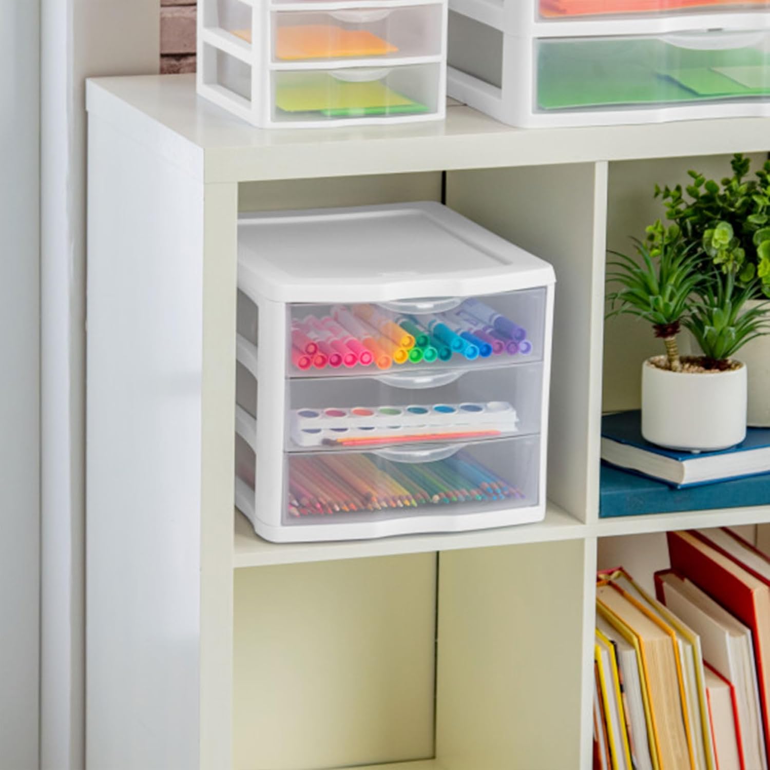 Sterilite ClearView Compact Stacking Drawer Organizer System - 3 Drawers, 8 Pack for Efficient Storage