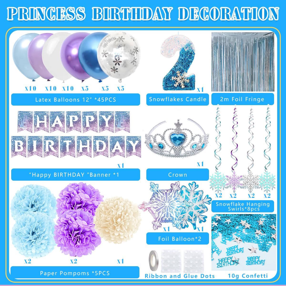 Skiennix Birthday Decorations for Girls - Winter Snow Theme Party Supplies with Number 2 Candle & Crown