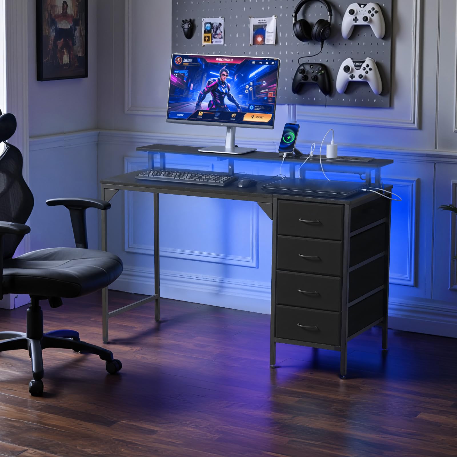 VEVOR 47" Computer Desk with LED Lights & Power Outlets, Gaming Table with 4 Large Drawers, Office Desk with Monitor Stand, Study Work Home Office, Small Spaces, Black
