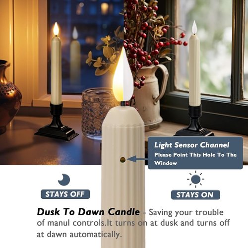 Homemory 6 Pcs Electric Window Candles - Dusk to Dawn Sensor, Ivory Flickering LED with Black Holders for Holiday Decor