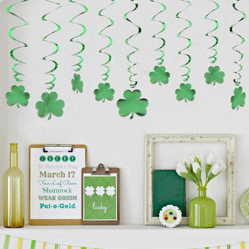 St Patricks Day Shamrock Hanging Swirls Ceiling Decorations 18pcs Glitter Green Spring Lucky Clover Foil Ornaments Garland for Tree Irish Holiday Wall Window Garden Wedding Party Home Decor