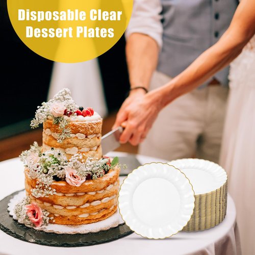 Hushee 100 Pcs Plastic Plates with Gold Trim 6'' Small Round Disposable Vintage Dessert Plates for Party Birthday Buffet Wedding Catering Celebration Reception (White)
