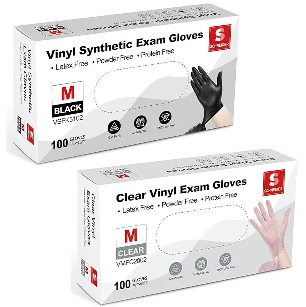 Vinyl Exam Gloves - 4 Mil Thickness, Medium Size, Black & Clear - 100-Count Boxes