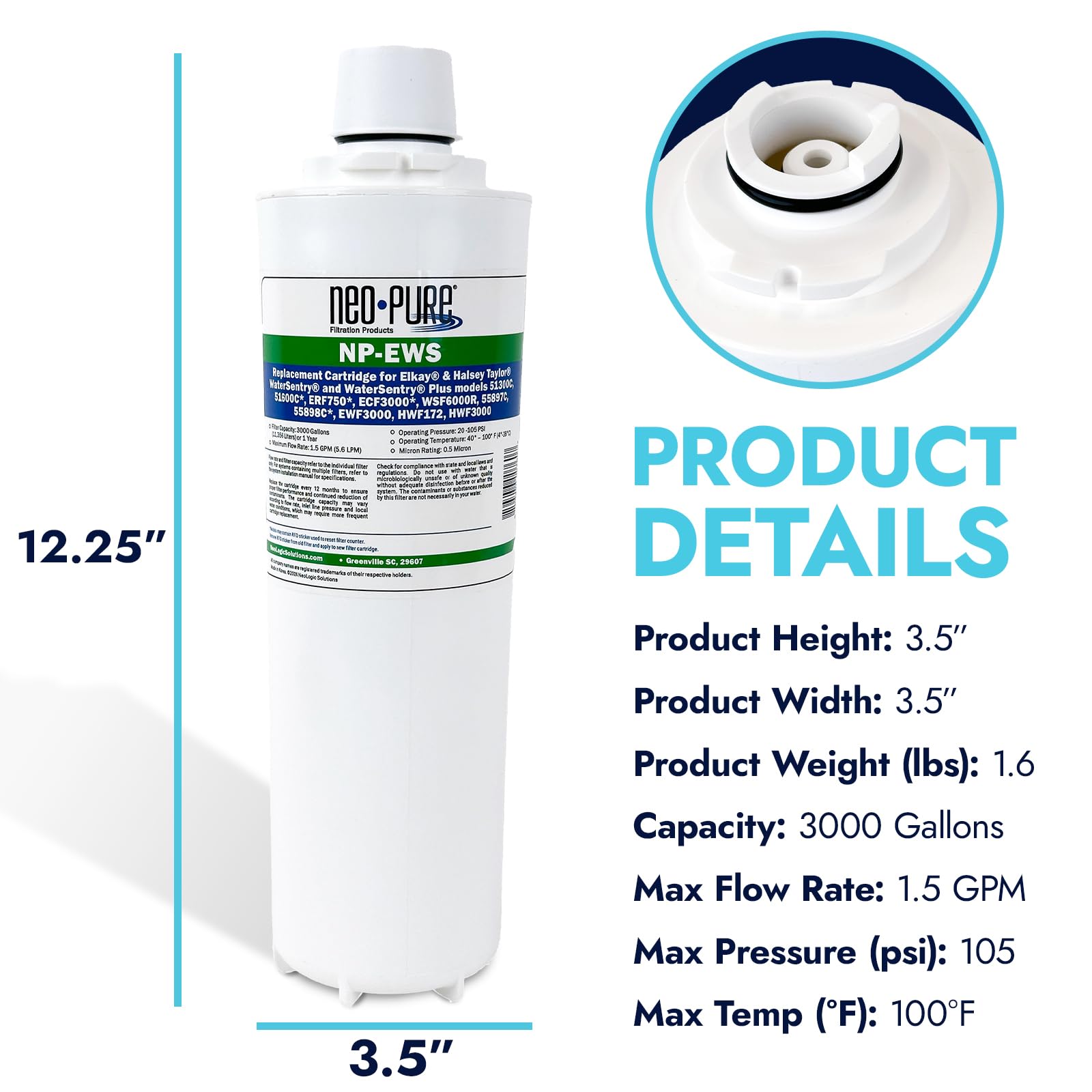 Neo-Pure NP-EWS Elkay Compatible Replacement Filter for the Elkay 51299C, 51300C and WSF6000R and Halsey Taylor 55898C - Single