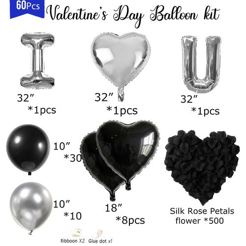 I Love You for Him/Her Balloon Black Silver Balloon with Heart Shaped Balloons Black Artificial Rose Petals Romantic Decoration Kit Perfect for Anniversaries Proposals Valentine's Day