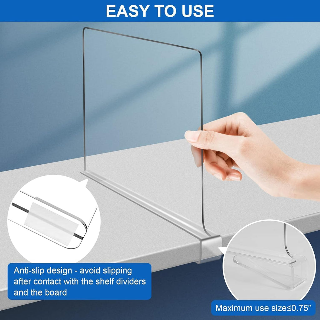 Skiennix 12-Inch Clear Shelf Dividers - Extra Tall Closet Organizers | 6-Pack Acrylic Purse Storage