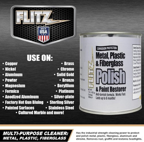 Flitz Metal Polish Paste - 1lb Can of USA-Made Polish for Solid Chrome, Stainless Steel, Aluminum- Non-Abrasive for Light Oxidation - Requires Manual Buffing - Not for Plated/Coated Surfaces (1 Pack)