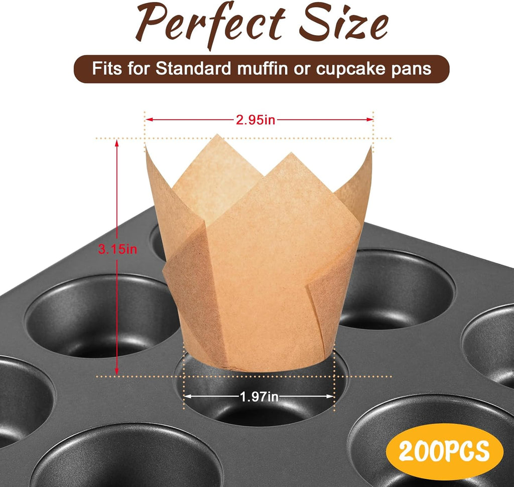 Natural Tulip Cupcake Liners - Unbleached Parchment Muffin Wrappers | 200 Greaseproof Cups for Parties