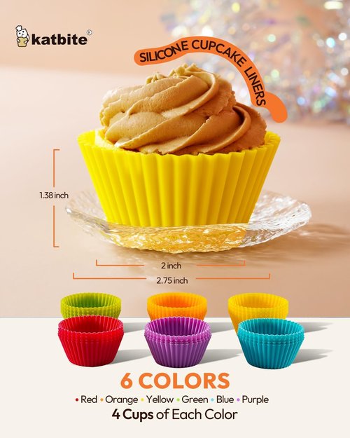 Katbite Silicone Cupcake Liners - 24 Pack Non-Stick Heavy Duty Muffin Molds | Perfect for Parties & Baking, Multicolor