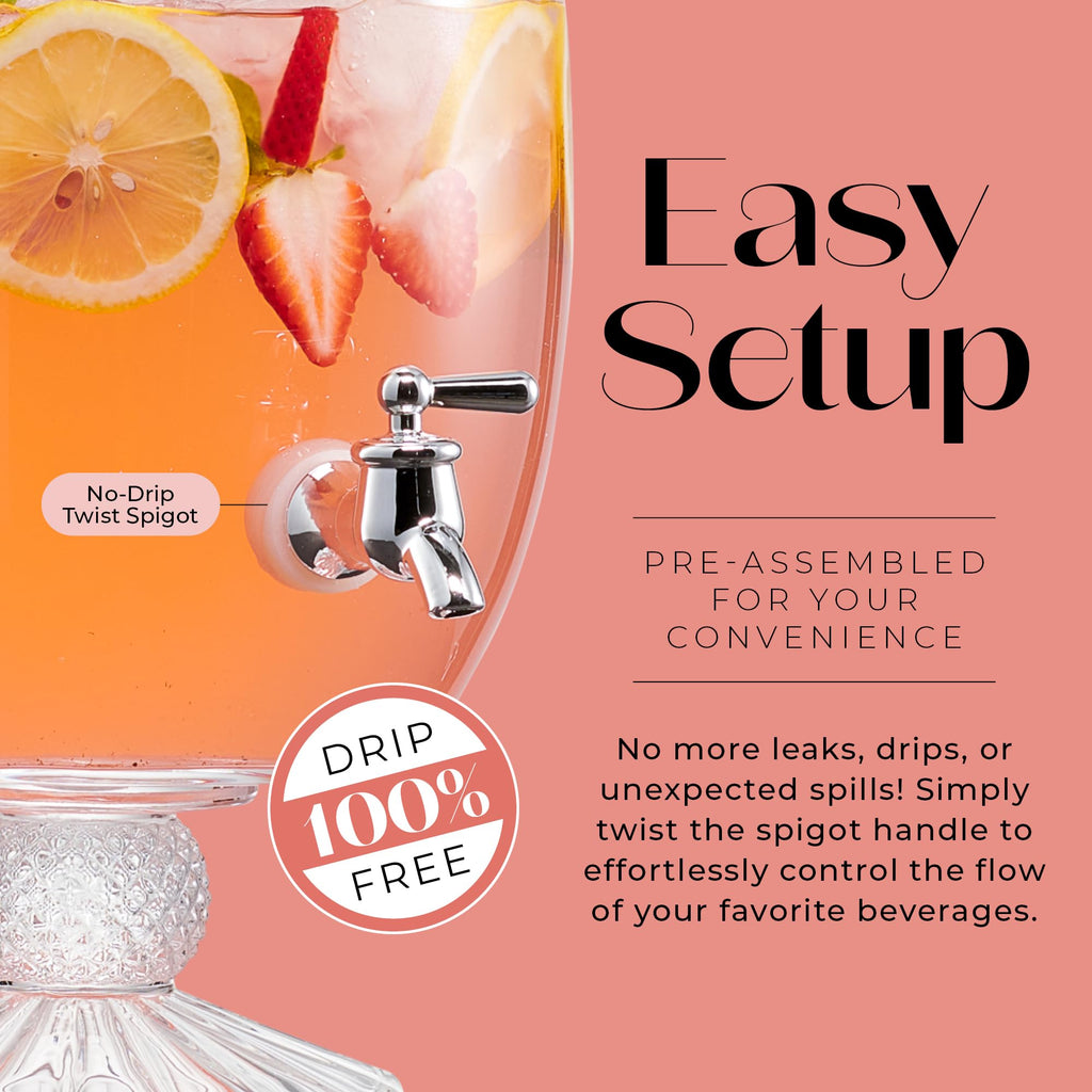 Fifth Avenue Crystal Madison Optic Beverage Cold Drink Dispenser w 1.7-Gallon Capacity Glass Jug, Leak Proof Acrylic Spigot for Parties, Weddings,& More, 8.5x18