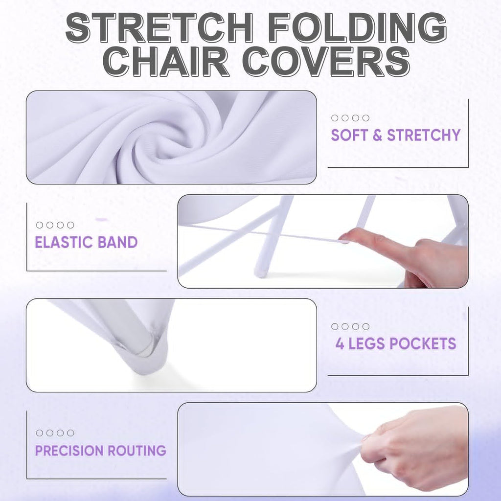 Lounsweer Folding Chair Cover Set - 50 Pcs with 25 Stretch Spandex Slipcovers & Satin Sashes | Wedding & Party Decor (White, Lavender)