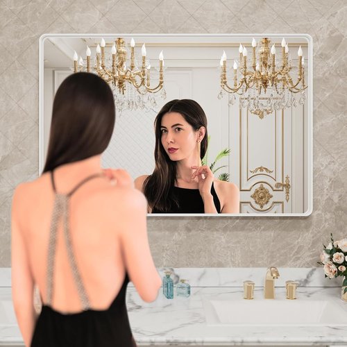 LOAAO Bathroom Mirror - 48x32 Inch White Metal Framed Vanity Mirror | Large Rounded Rectangle, Anti-Rust Tempered Glass, Versatile Hanging Options