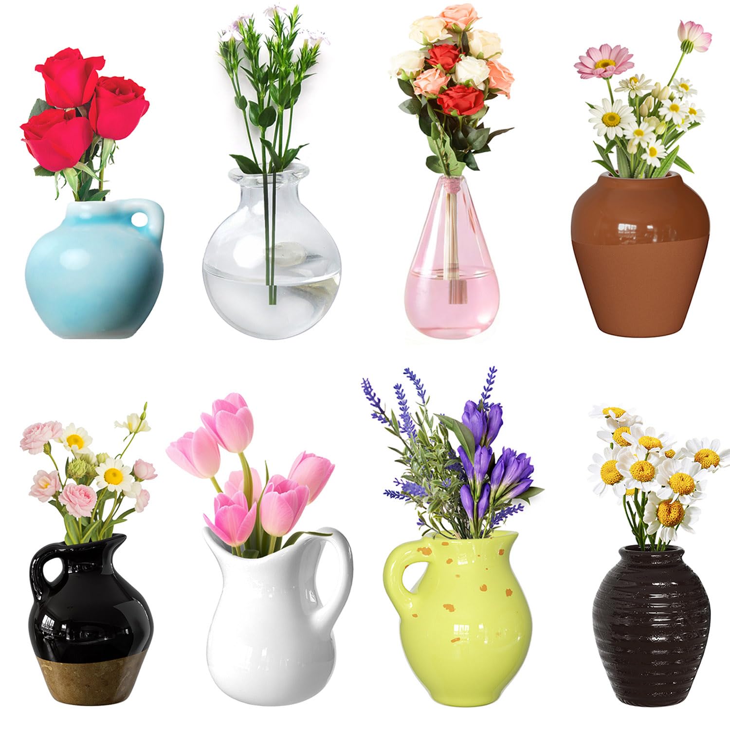 Cute Mini Ceramic Vase Magnets for Fridge, Funny Small Plant Magnets, Tiny 3D Plant Vase for Refrigerator Decoration Kitchen Locker Kitchen Office (8 Pack)