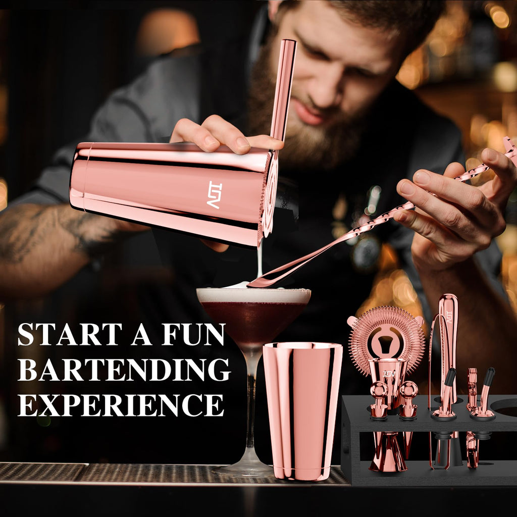 IOV Cocktail Shaker Set: 12-Piece Mixology Bartender Kit Bar Set | 16oz & 28oz Boston Shaker Drink Mixing Tools for Home with Recipe Booklet and Stand | Fun Housewarming Gift (Rose Gold)