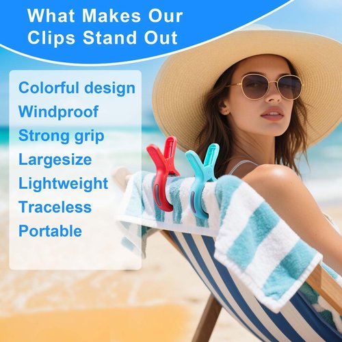 Large Beach Towel Clips for Beach Chair, Heavy-Duty Plastic Clothes Pins, Towel Clips for Beach Chairs Cruise-Keep Your Towel from Blowing Away, Vacation Beach Must Have Beach Chair Clips