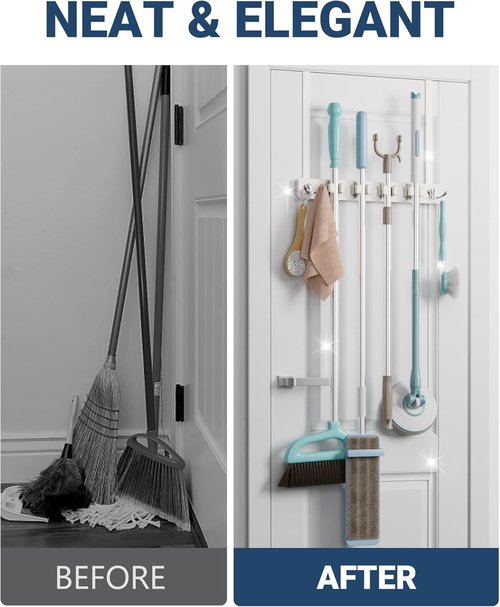 Lorbro Broom Holder - Over The Door Mop Organizer with 4 Slots & Hooks | Rustic Wood Tool Rack for Laundry, Garage, Kitchen
